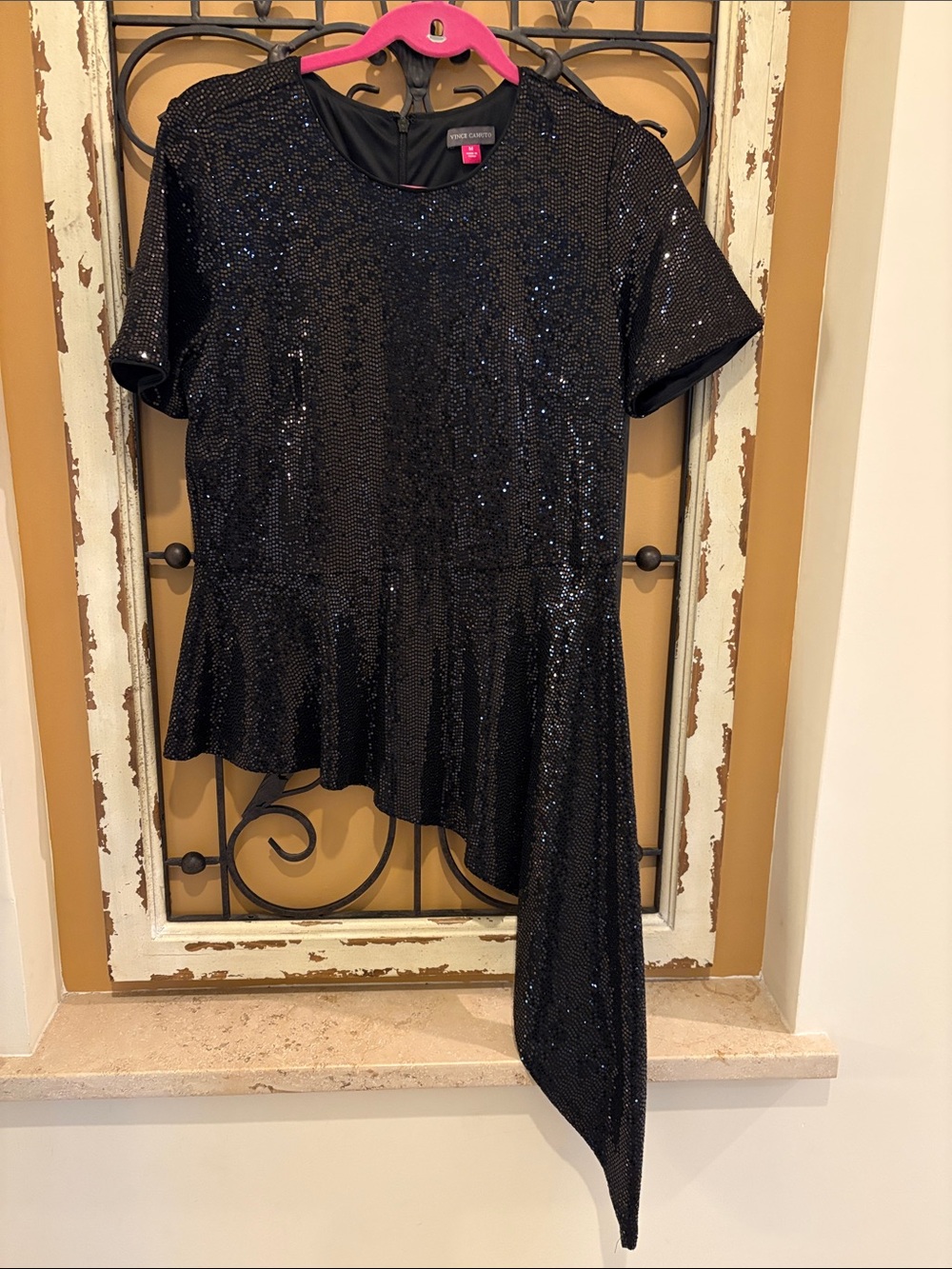 Vince Camuto Black Sequin Asymmetric Peplum Top